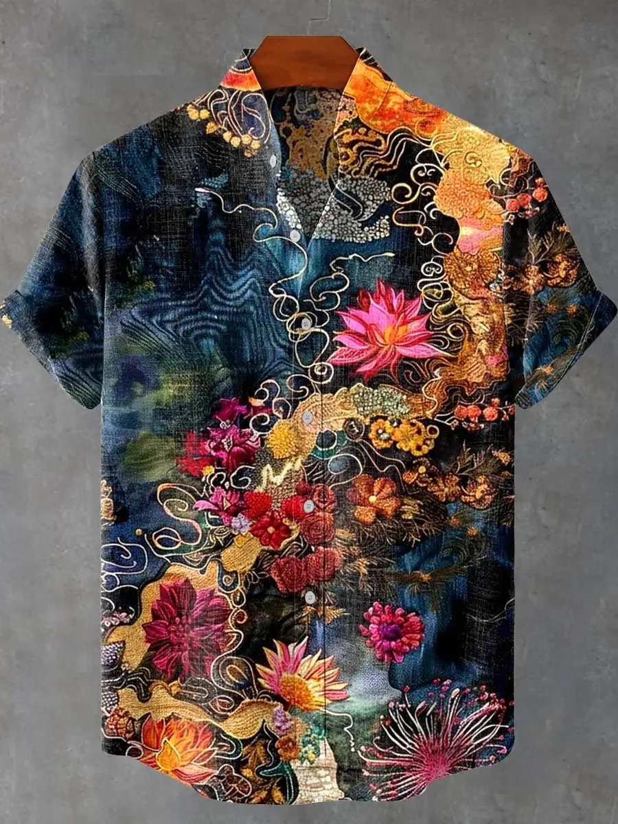 Button Linen Short Sleeved Shirt for Men's Party Atmosphere, Retro 3D Pattern, Retro Printing, Fashionable Hot Selling Item