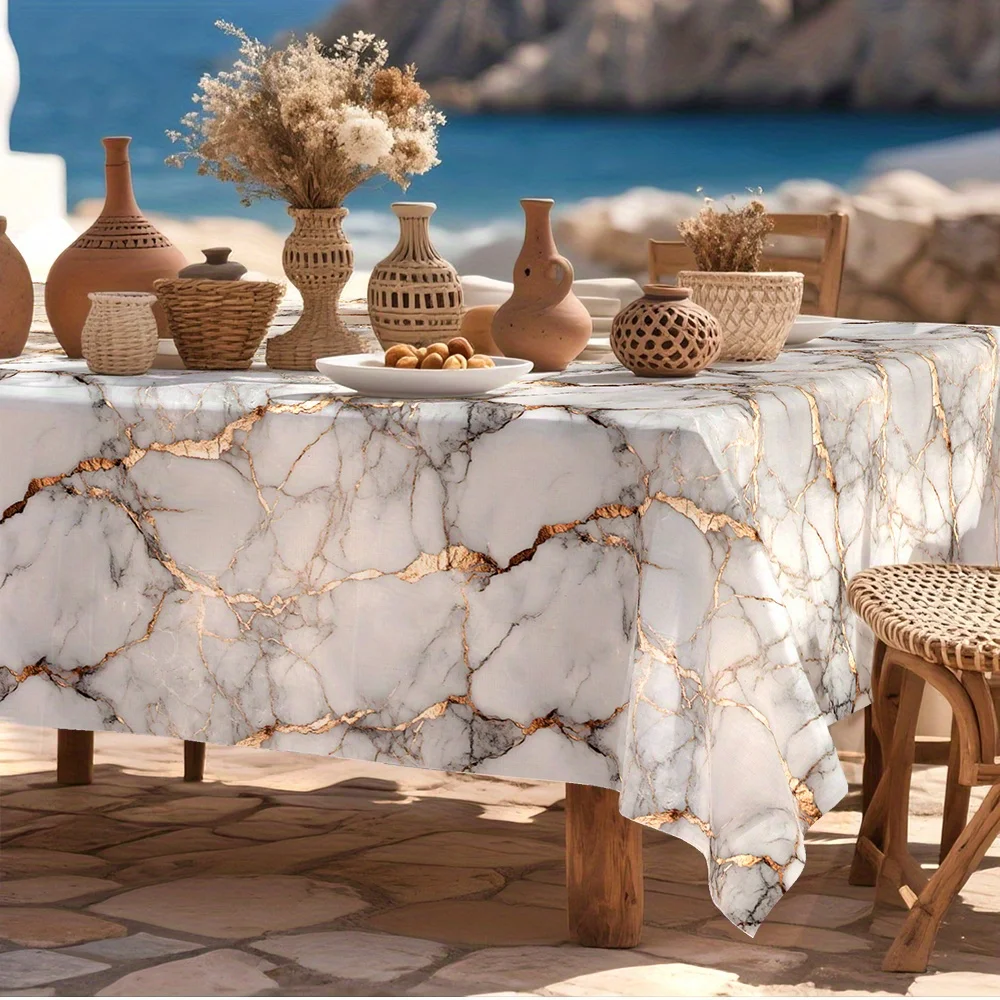 1-piece, marble, Mediterranean style tablecloth, white decoration, marble and ceramic patterns