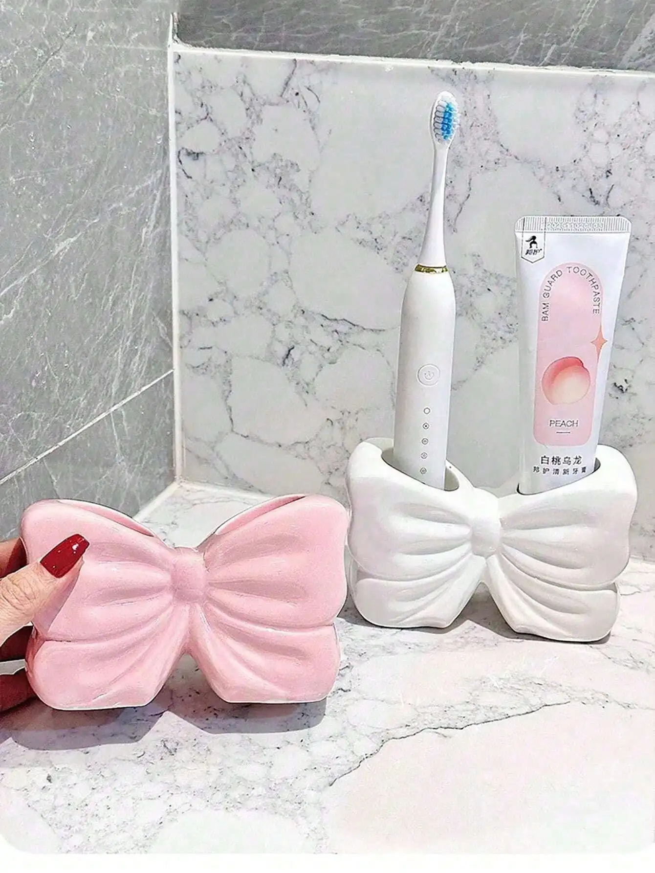 

1pc Nordic Asymmetric Bow Toothbrush Holder, Electric Toothbrush Stand & Makeup Rack, Space-Saving Home Decor