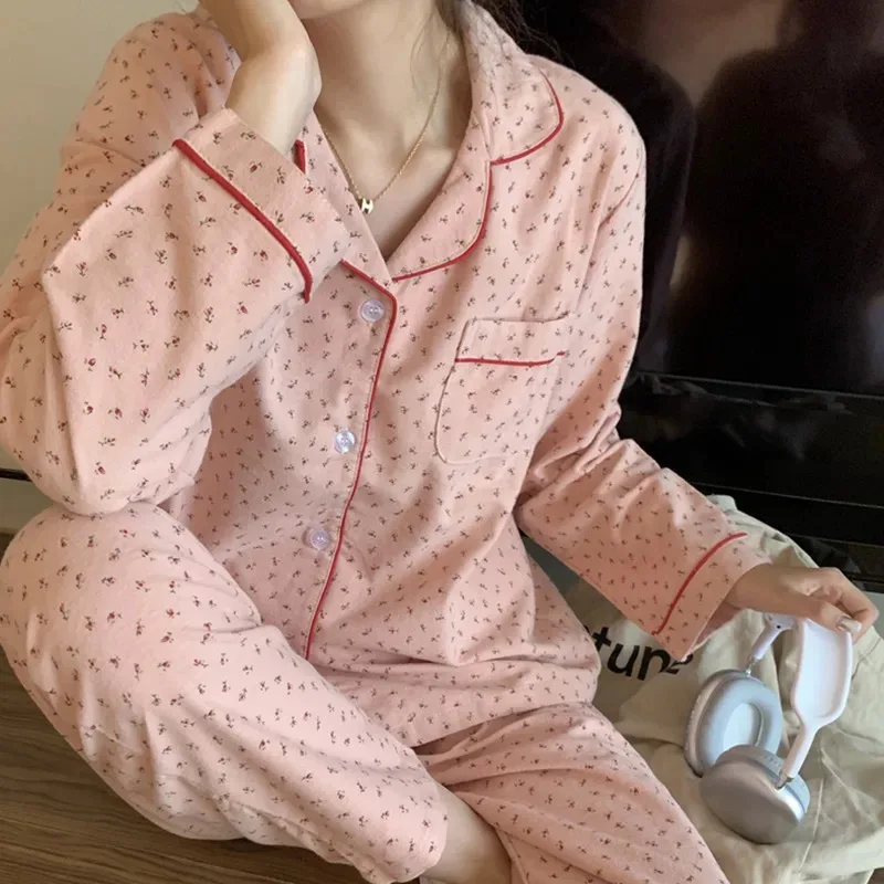 

Women's Pajamas New Autumn Spring Long Sleeve Soft Sleepwear Set Pink Floral cartoon pyjama Woman Home Nightwear Set Cardigan
