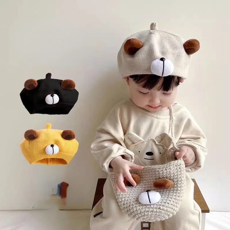 Knitted Baby Hat Autumn and Winter Cute Bear Children\'s Beret Korean Style Warm Kids Woolen Hats Toddlers Girls Boys Painter Cap