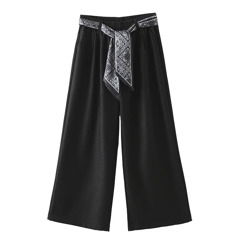 

Модные женские широкие брюки больших размеров, осенний новый стиль, элегантный шелковый пояс, прямые брюки полной длины 372
