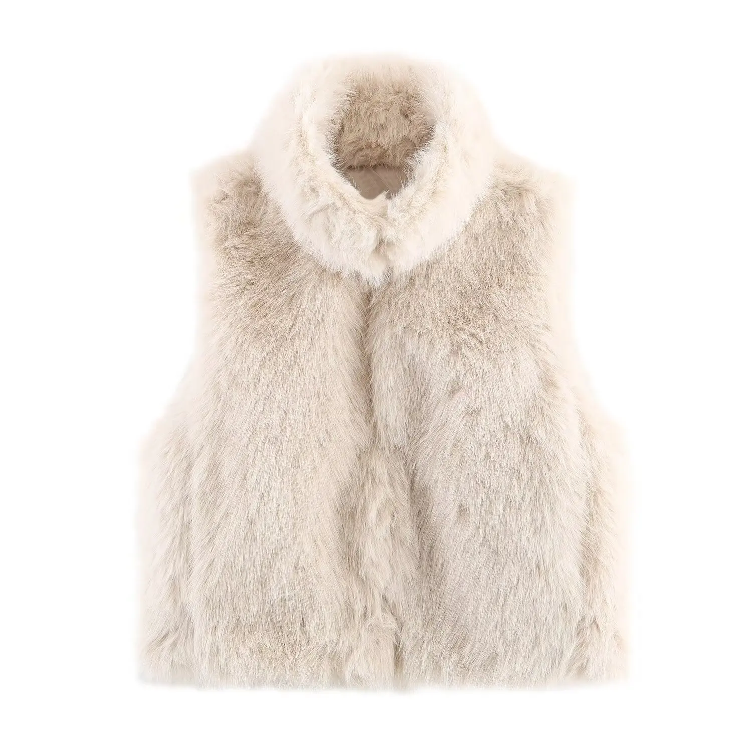 2025 New High Neck Sleeveless Faux Fur Vest Women Light Beige Two Color Options Fashion Versatile Style