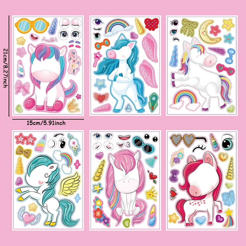 12Sheets/Set Cartoon Unicorn Make A Face Assemble DIY Sticker Children Handmade Creative Kawaii Stickers Decoration Supplies