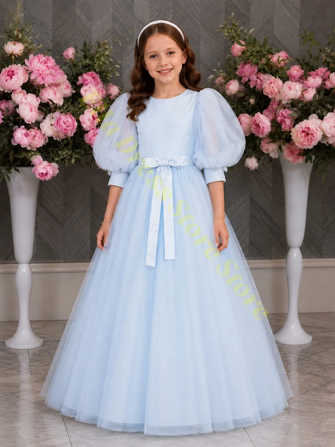 Großhandel Elegante Rosa Erstkommunion-Ballkleider Blumenmädchenkleid für Hochzeit mit Schleife Tüll Voluminös Geburtstagsfeier Maßanfertigung – Detail 4