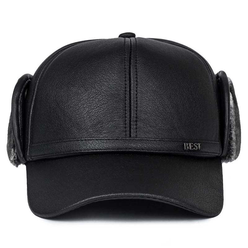 Winter New Men\'s Hat Imitation Leather Baseball Cap, Fashion Ear Protection Cap, Cap, Winter Outdoor Warm Hat, Elderly Hat