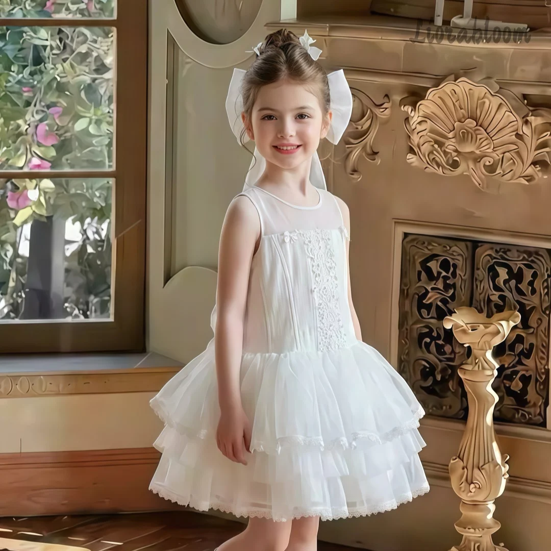 

Girls' White Embroidered Formal Dress Tulle Flower Girl Gown Fluffy Party Dress Wedding Attire Mini Formal Wear Prom Dress