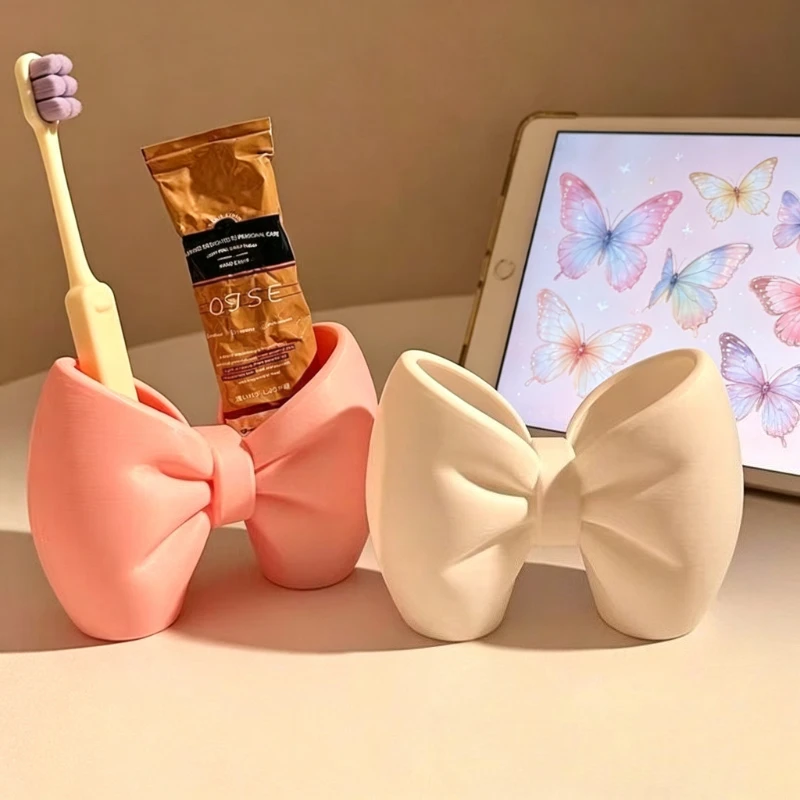  Sweet Bowknot Design Bathroom Storage Holder Dual Slot Toothpaste Toothbrush Container Cute Vanity Makeup Brush Organizer