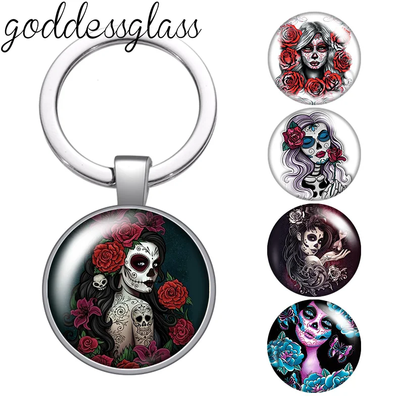 Day of the Dead Supar Skull Girl Rose Photo 25mm glass cabochon keychain Bag Car key chain Ring Holder Charms keychain