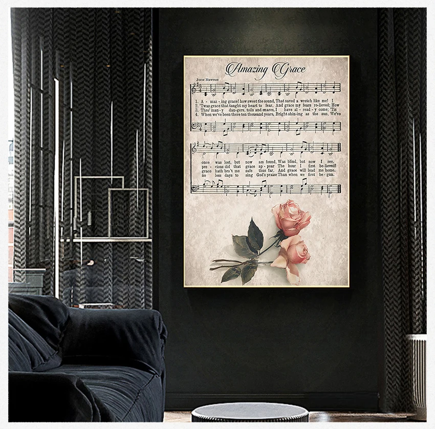 Rose Hymn Wall Art Canvas Painting Picture Christian Song Farmhouse Decor Amazing Grace Print Vintage Sheet Music Poster Antique