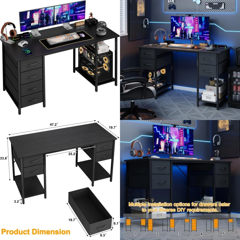 

Computer Desks47 Inch Office Desk with 4 Storage Drawers Gaming Table for Computer Work and Study Spacious Writing Desk with
