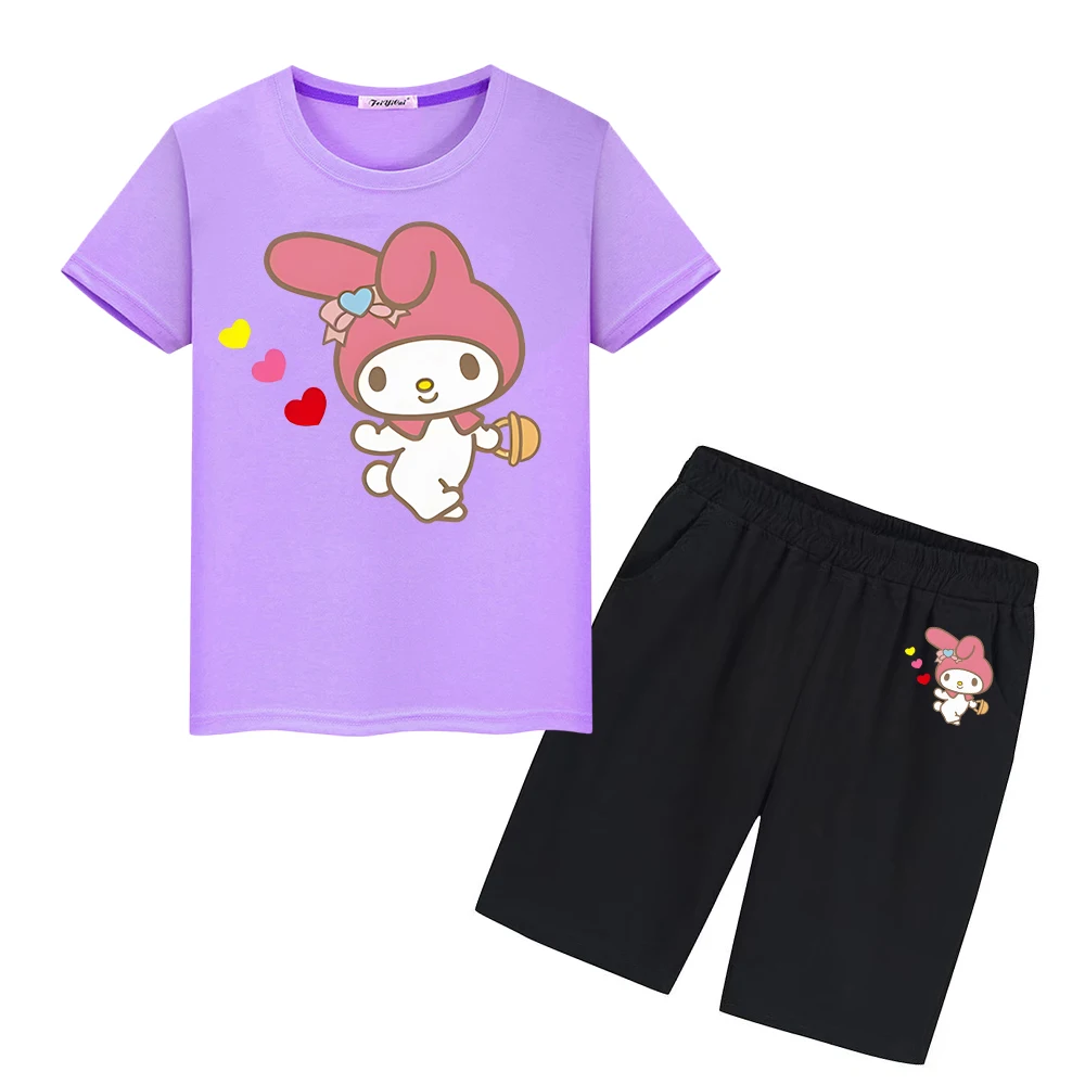 

Sanrio Melody boy girls Sports Sets Print 100%Cotton T-shirt Kawaii Tops+short Anime Tshirts Children suit kids boutique clothes