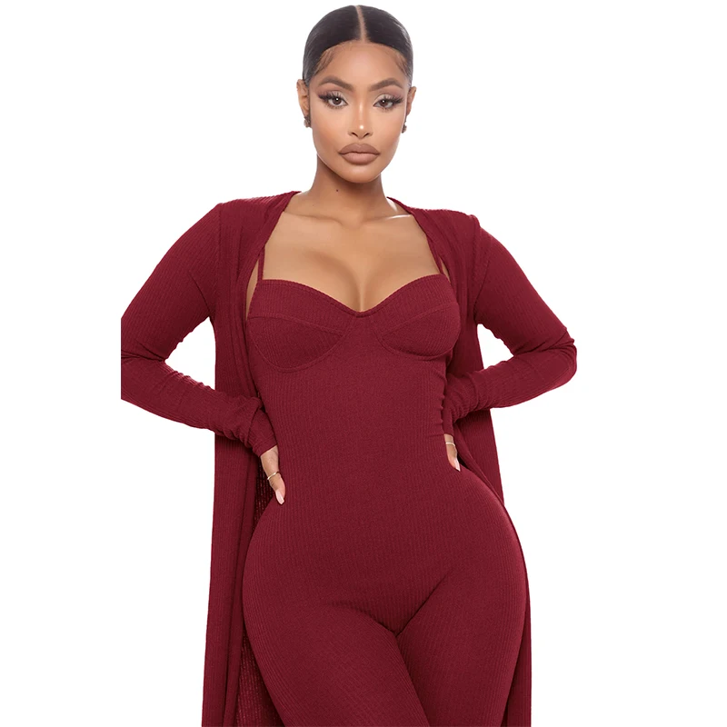 Herfst Winter Dames 2-delige Set Spaghettibandjes Mouwloze Jumpsuit En Casual Losse Vest Eenvoudige Mode Streetwear