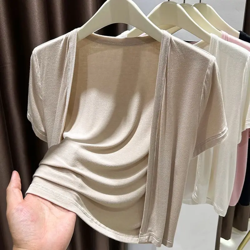 

Модальный хлопковый ультраэластичный короткий кардиган с коротким рукавом для женщин, летняя тонкая накидка из ледяного шелка, защита от солнца, короткий кардиган-пальто