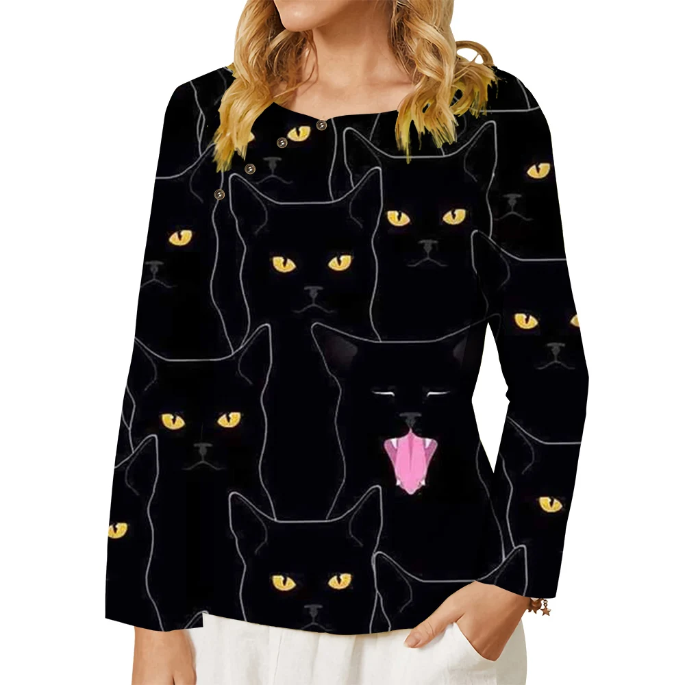 CLOOCL Women T-shirt Round Neck Ladies Wear Autumn Spring Clothes Button Tops Black Cat Print Blouse Kitten Long Sleeve Shirts