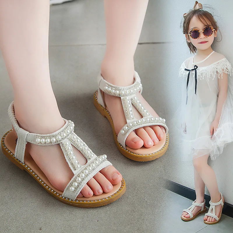 Sandalias Kid Sandals 2023 Summer New Pearl Girl Sandals Open Toe Princess Shoe Soft Sole Girl Shoe Fashion Beach Shoes Kid Shoe