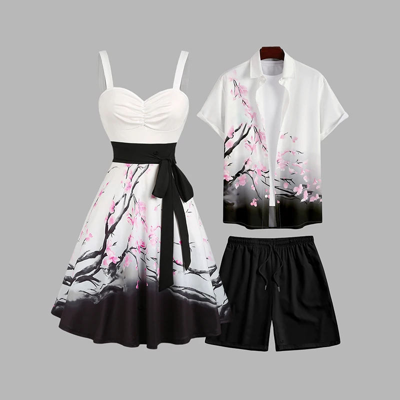 

Комплект для пар Dressfo: платье с принтом «Цветущий слива» и омбре, с поясом, и рубашка с рукавами-фонариками и шортами на шнурке для пляжа и отдыха