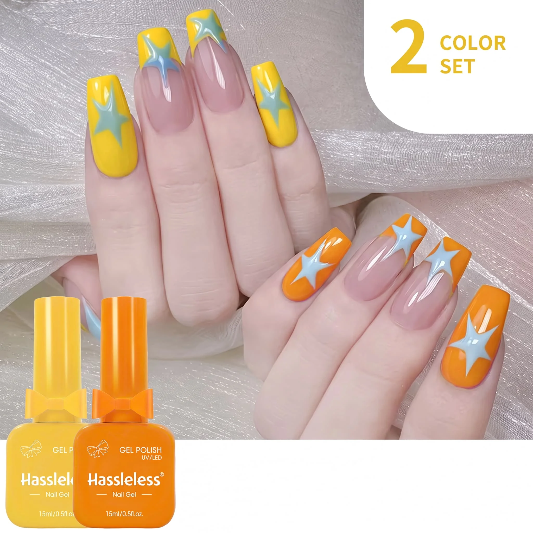 Hassleless 2-Piece Armor Gel Polish Set, 15ml Large Capacity Bottle, Fresh Lemon Yellow and Vibrant Warm Orange Color Combination, Pure Color, Transparent and Bright Color, Salon and Home DIY Nail Art Set That Enhances Complexion