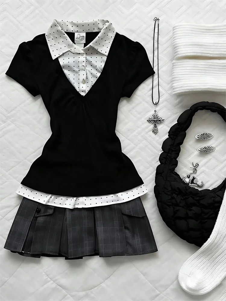 

Korean Style College Wave Dot Fake Two-Piece Short Sleeve Women's Summer New Plaid Pleated Skirt Two-Piece Set Fashion