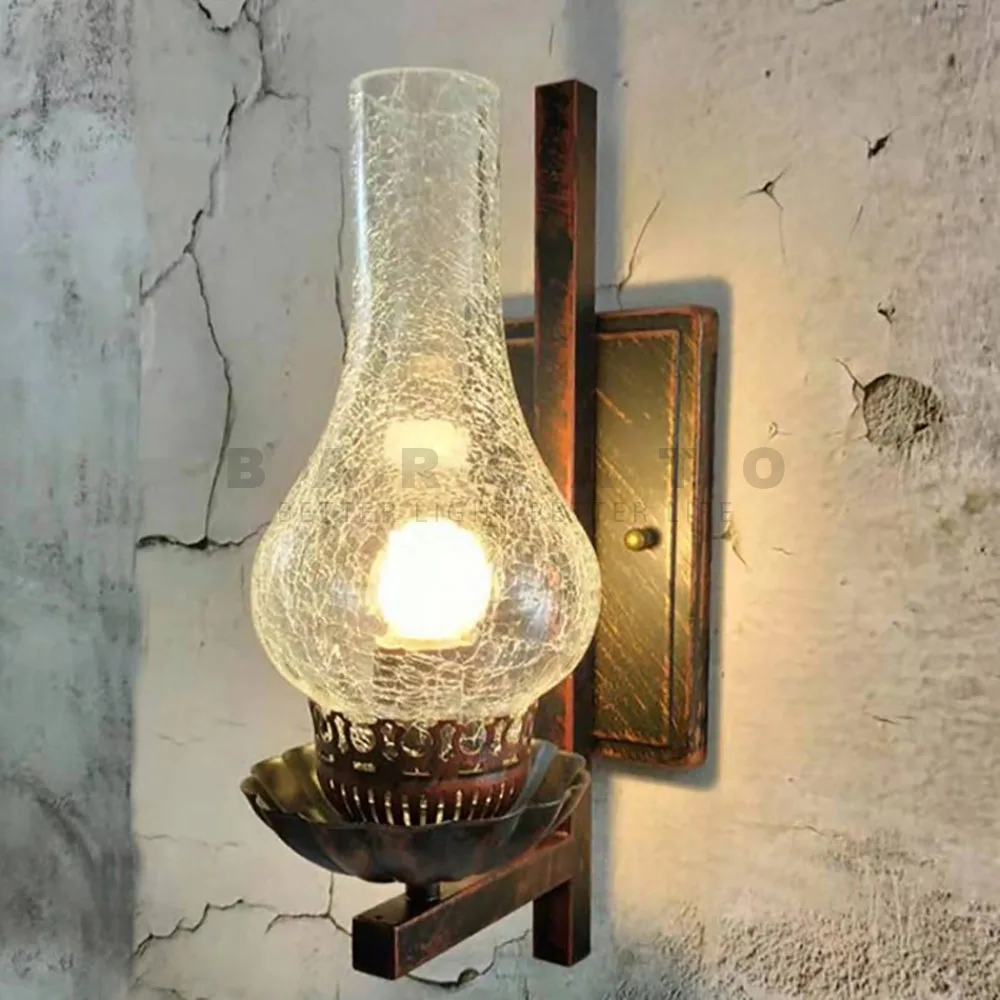 Vintage Metal Wall Glass Light Country Style E27 Oil Lamp with Crack Lampshade Decoration for Beside Bar Loft Corridor Bedroom