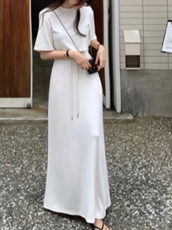 Chic Summer New Pure Color ort Sve T-irt High Waist Wide Leg Casual  Skirt Versatile High Waist Belted Wide Leg Ca...