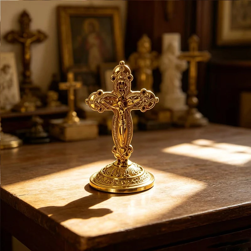 

Gold Plated Ornate Standing Crucifix with Jesus Corpus & Engraved Details for Catholic Christian Home Altar Prayer Room Religiou