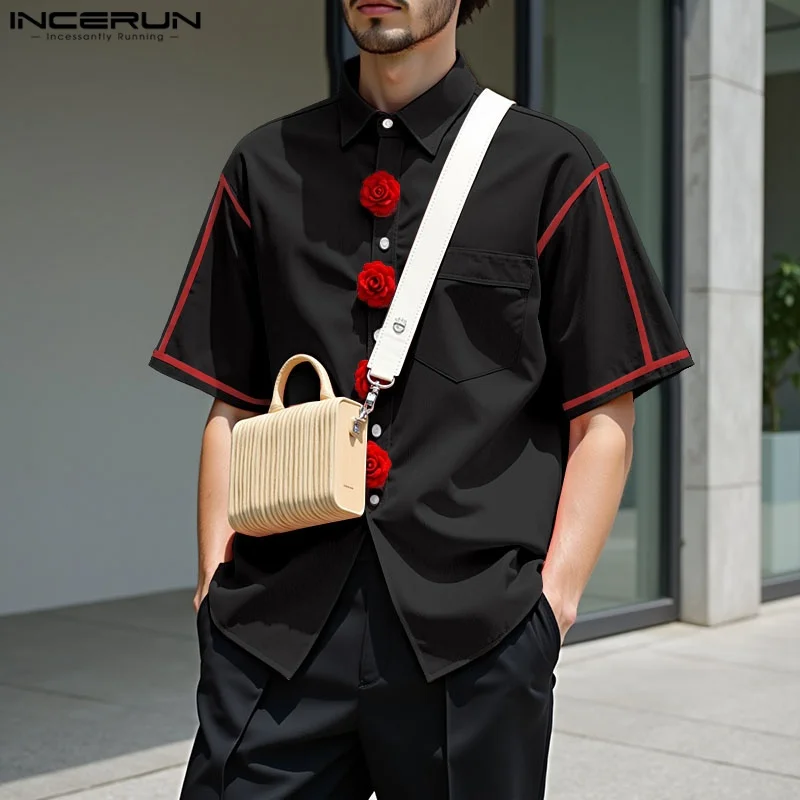 

INCERUN Men Shirt Flower Patchwork Lapel Short Sleeve Casual Male Shirts Streetwear Loose Tops Summer 2025 Fashion Men Clothing