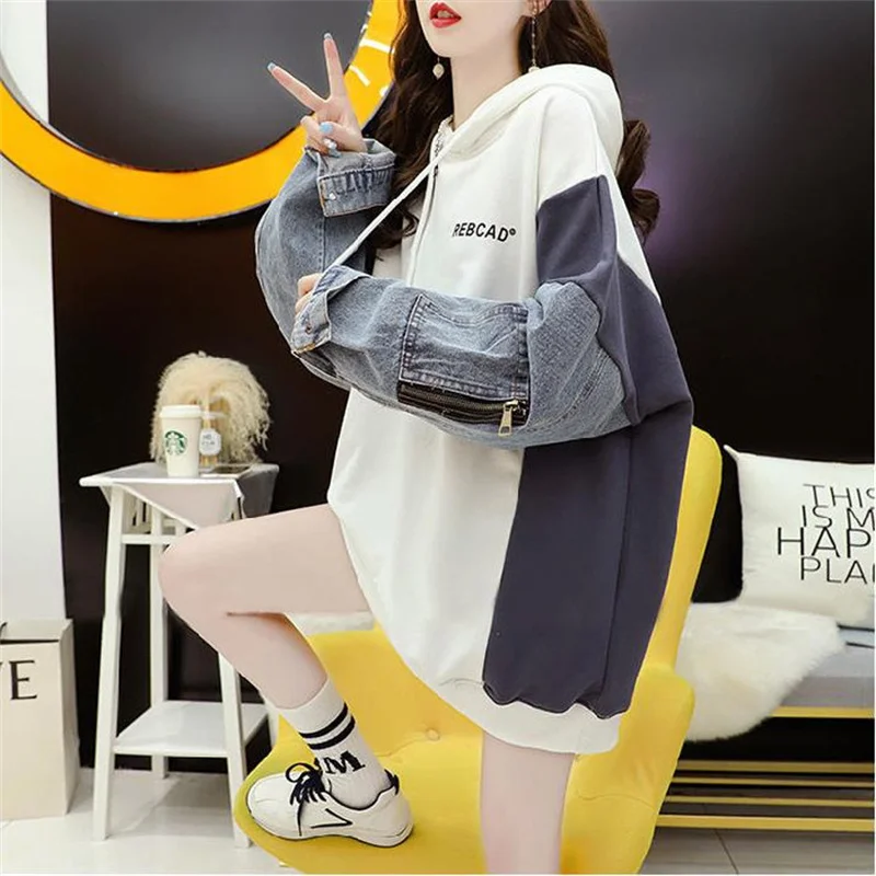 

Retro Denim Patchwork Hooded Sweatshirt Women Fashion Fake Two-Piece Loose Pullover Hoodies Casual Spring Autumn Long Sleeve Top