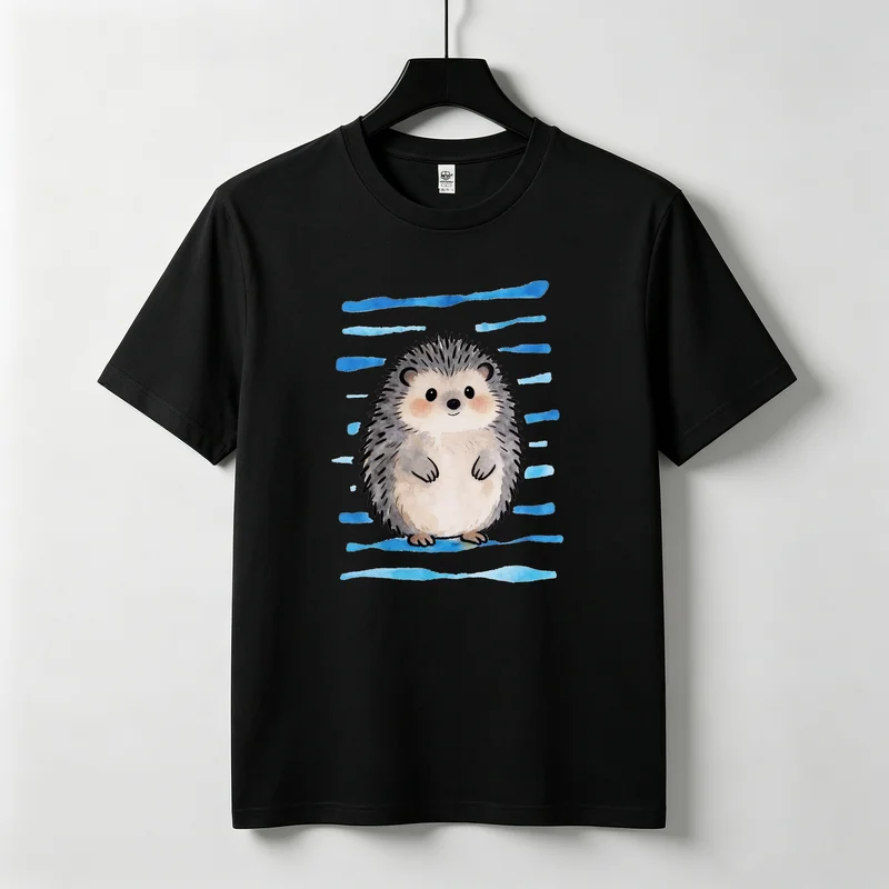 Chubby Hedgehog with Blue Stripes T Shirt Watercolor Art Pattern Premium Cotton Short Sleeve Animal Lover Daily Holiday Gift Tee