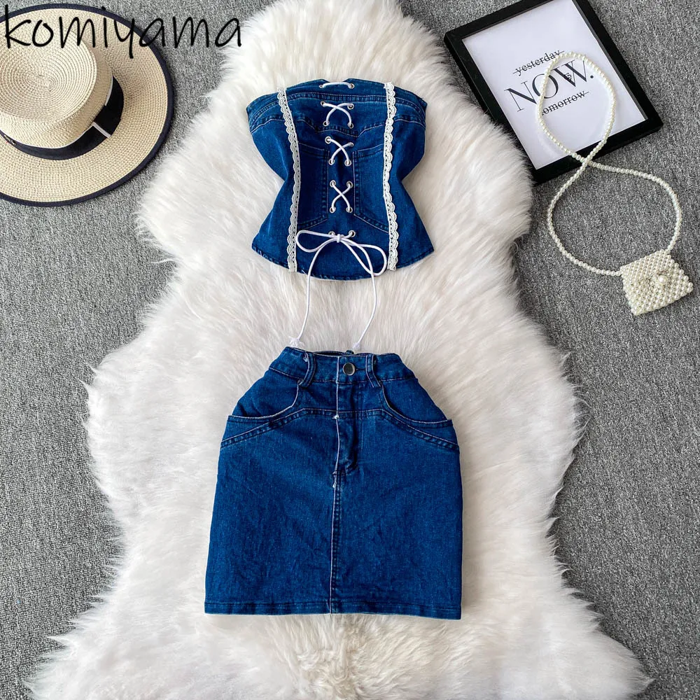 

Summer Denim Woman 2025 New Spicy Girl Sets Bandage Bow Camis Top High Waist Bodycon A-line Skirts Pure Desire Style Suit