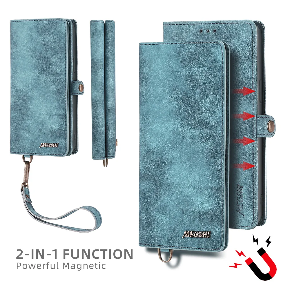 

Роскошные съемные чехлы-кошельки Megshi для Apple Iphone 16, 15, 14, Plus 13, 12, 11 Pro Max, кожаный флип-чехол с магнитной застежкой