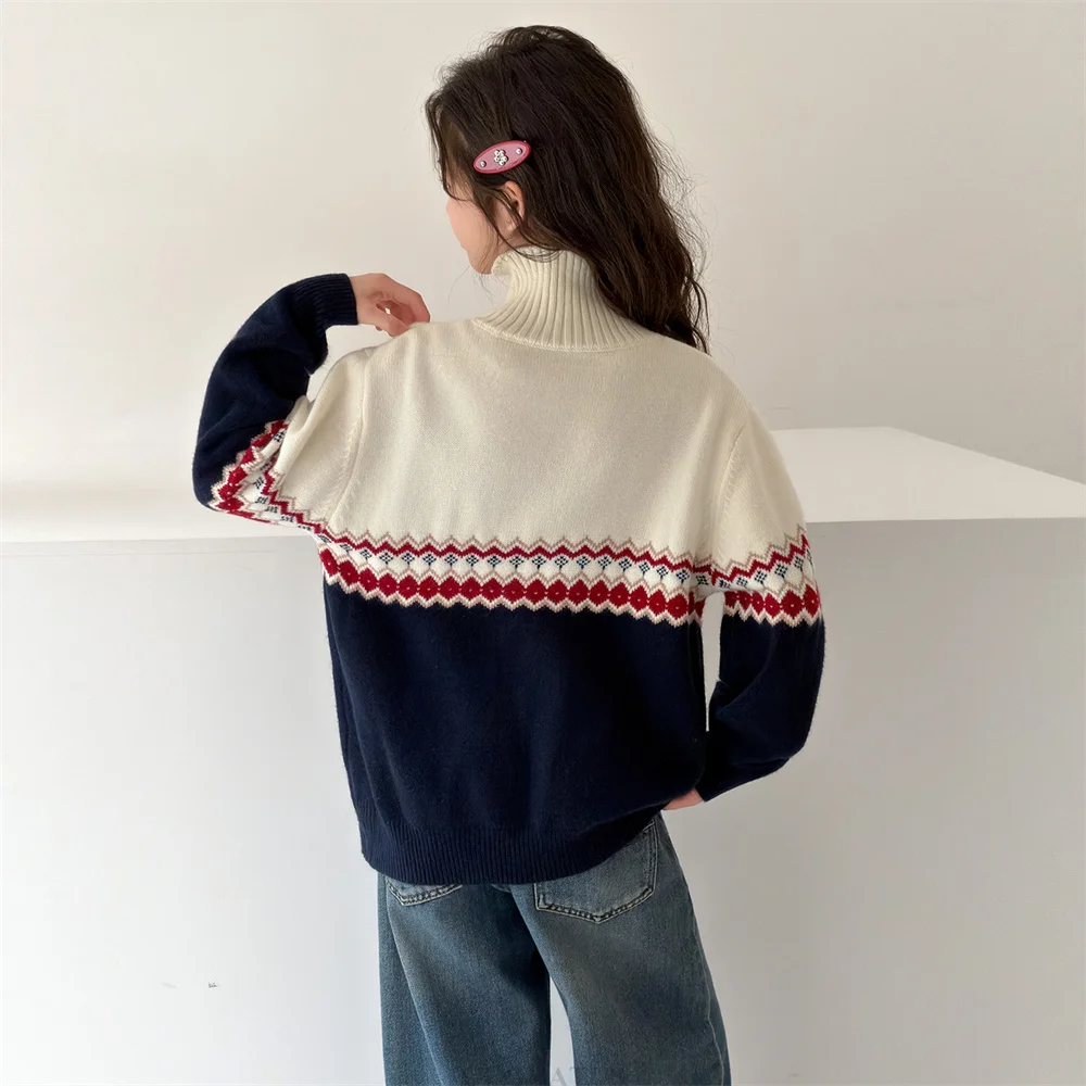 Children Autumn Classic Geometric Half Zipper Up Sweater for Tween Girls Fashion Knitted Streetwear Outfit Kids Stylish Knitwear