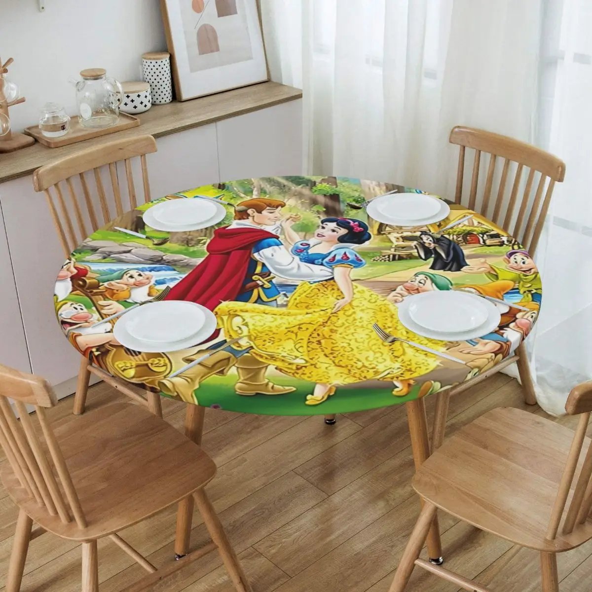 

Grimm's Fairy Tales Snow White And The Seven Dwarfs Tablecloth Round Elastic Fitted Oilproof Table Cloth Cover for Kitchen