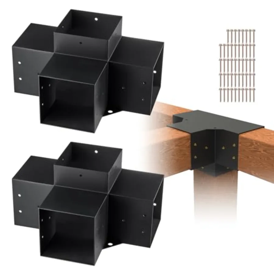 

4-Way Pergola Bracket Kit 6x6 2-Pack Heavy Duty Corner Brackets for Wood Beams DIY Post Base Hardware with Easy Installation fo