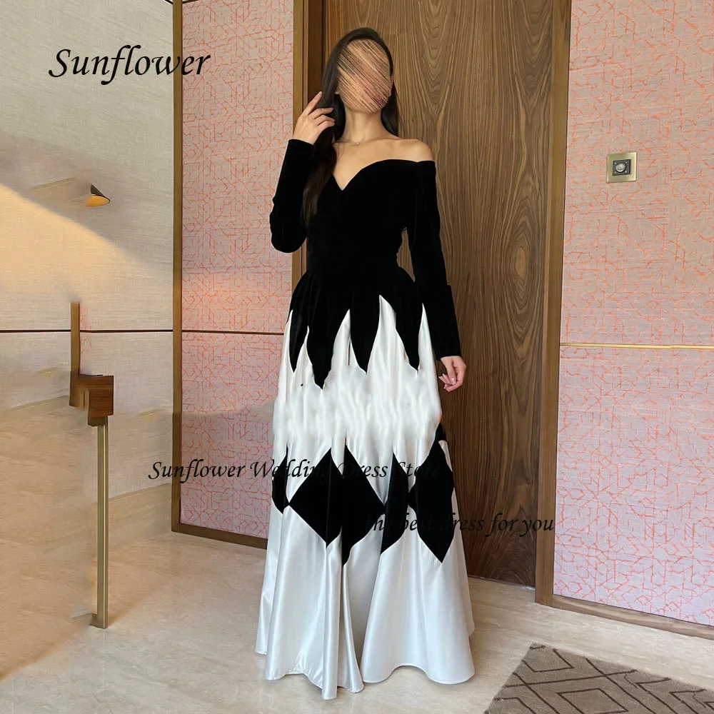 Sunflower Black and White V-Neck Evening Dress 2023 Slim Satin A-LINE Long Sleeve Prom dress Floor-Length Party Dress