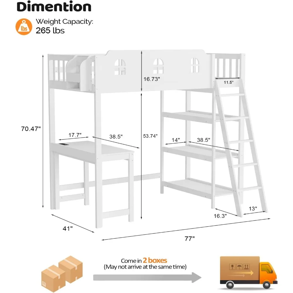 Loft Bed with Desk and LED Light,Loft Bed Twin Size with Charging Sation, Book Rack, Loft Bunk Bed with Bookcase for Kids