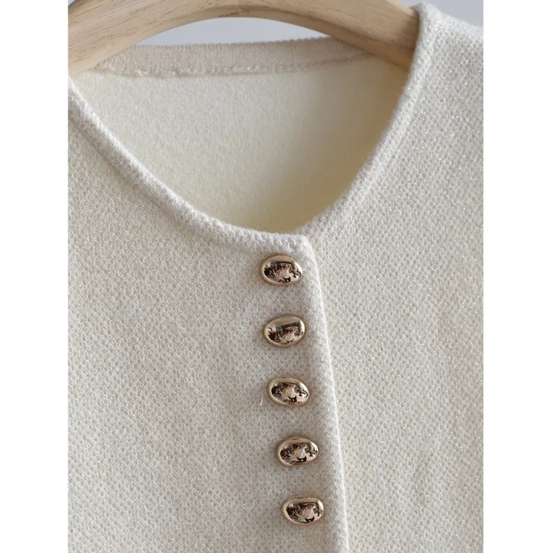 Autumn Gold Bean Button Knitted Cardigans Vests Women Round Neck Sleeveless Straight Tops