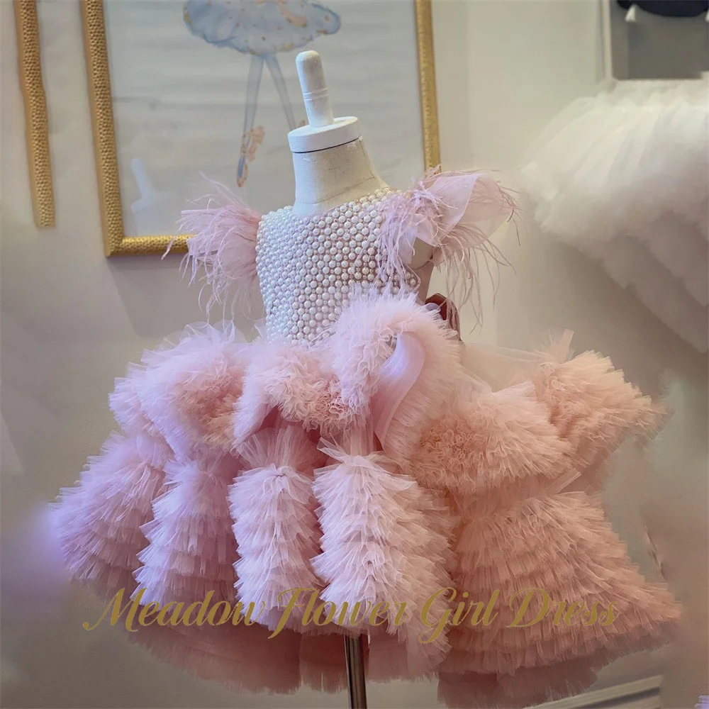 

Meadow Blush Pink Princess Girls Dress Round Neck with Bow First Communion Gown Lace Up Back Children Birthday Wedding Dresses
