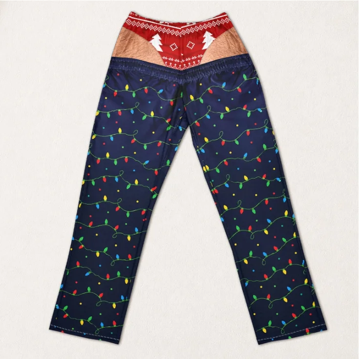 Neue, lustige, unisex-Hose mit ausgeschnittenem Gesäß und Weihnachtslicht-Motiv, gerade geschnitten, als originelle Hose für Weihnachtsfeiern, Feiertage und Freizeitkleidung. – Detail 12