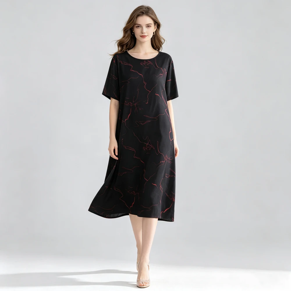 Plus Size Women's Casual Summer New Simple 92% Natural Mulberry Silk Elastic Double Qiao Satin Breathable Printed Dress