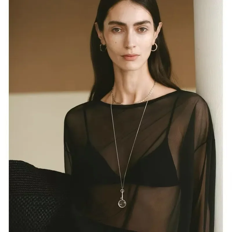 Magnifying glass key necklace high-end sense light luxury old money style long sweater chain versatile niche design pendant