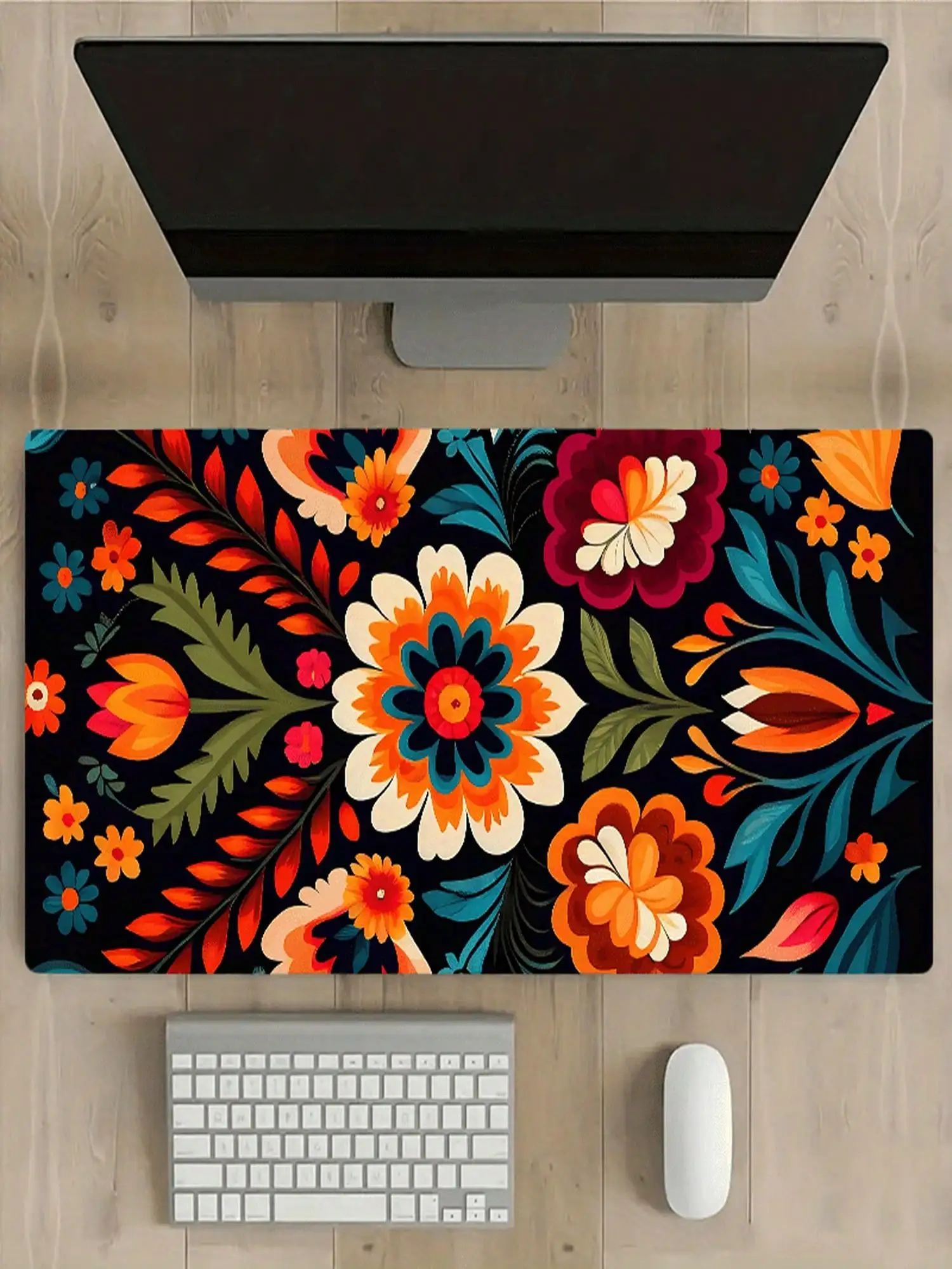 Floral Bohemian Style Desk Mat - Natural Rubber Non-Slip Keyboard Mat, Office Desk Organizer And Accessories, Brightly Colored Durable Mouse Pad, Suitable For Work And Gaming - No Power Required