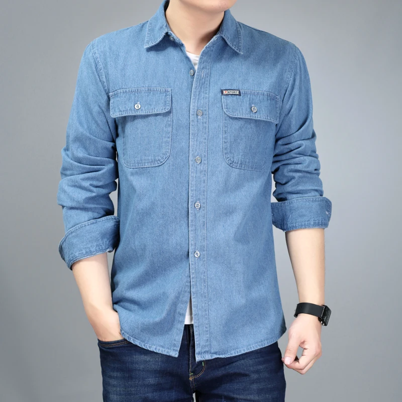 Men's Loose Casual Workwear Cotton Denim Jacket Spring Autumn Large Size Pure Color Shirt Long Sleeve Button up No Ironing Ne...