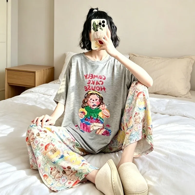 Women Cartoon Girl Print Pajama Set, Oversized Short Sleeve Tee & All-Over Print Long Pants, Soft Casual Home Loungewear Suit