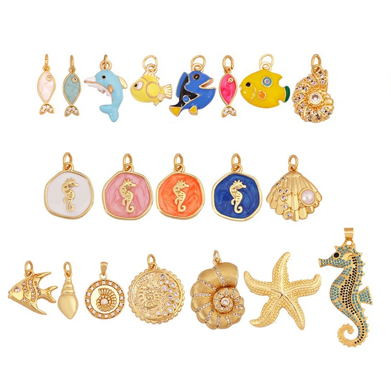 

1 Piece Sea Creature Enamel Pendant Diy Bracelet Necklace Jewelry Making Fish Seahorse Seashells Copper Plated Charm Accessories