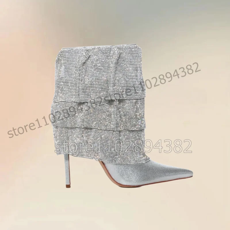 

Silver Pleated Mesh Rhinestone Pointed Toe Boots Side Zipper Women Shoes Thin High Heels Fashion Party 2023 Zapatos Para Mujere