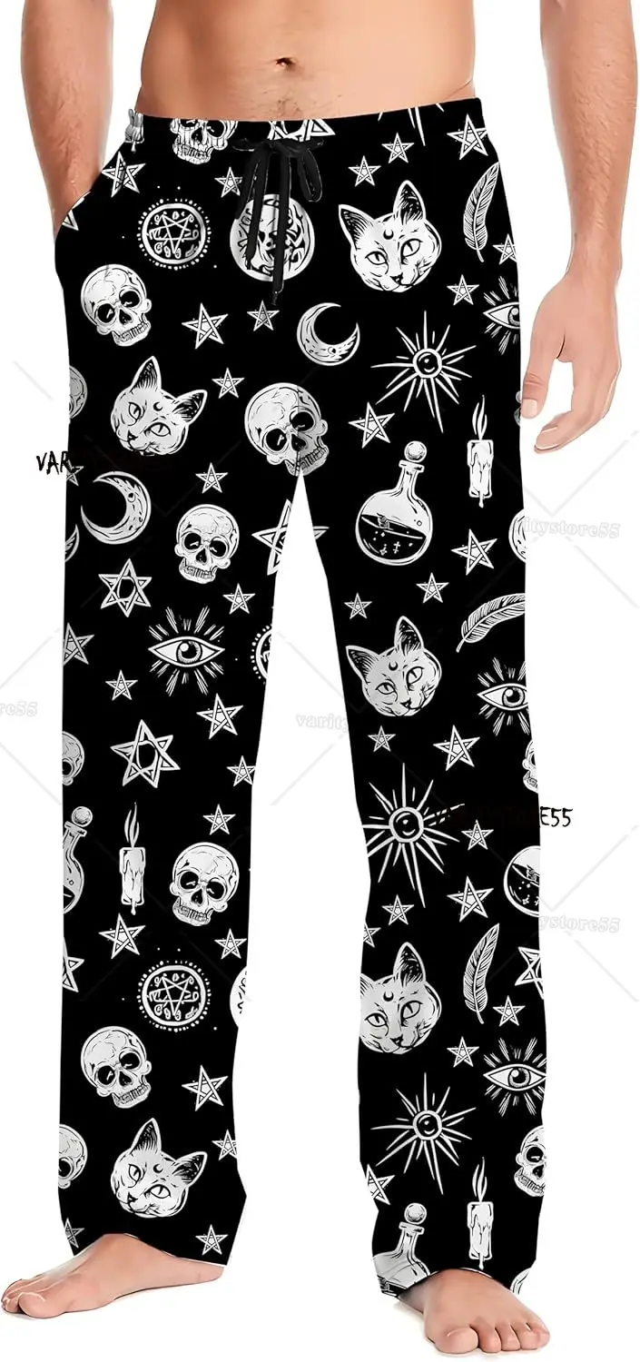 

Mens Pajama Pants Lightweight Soft Lounge Pant with Pockets Sleep Gothic Moon Cat Skull Pants for Men Home Casual Sleeping Wear