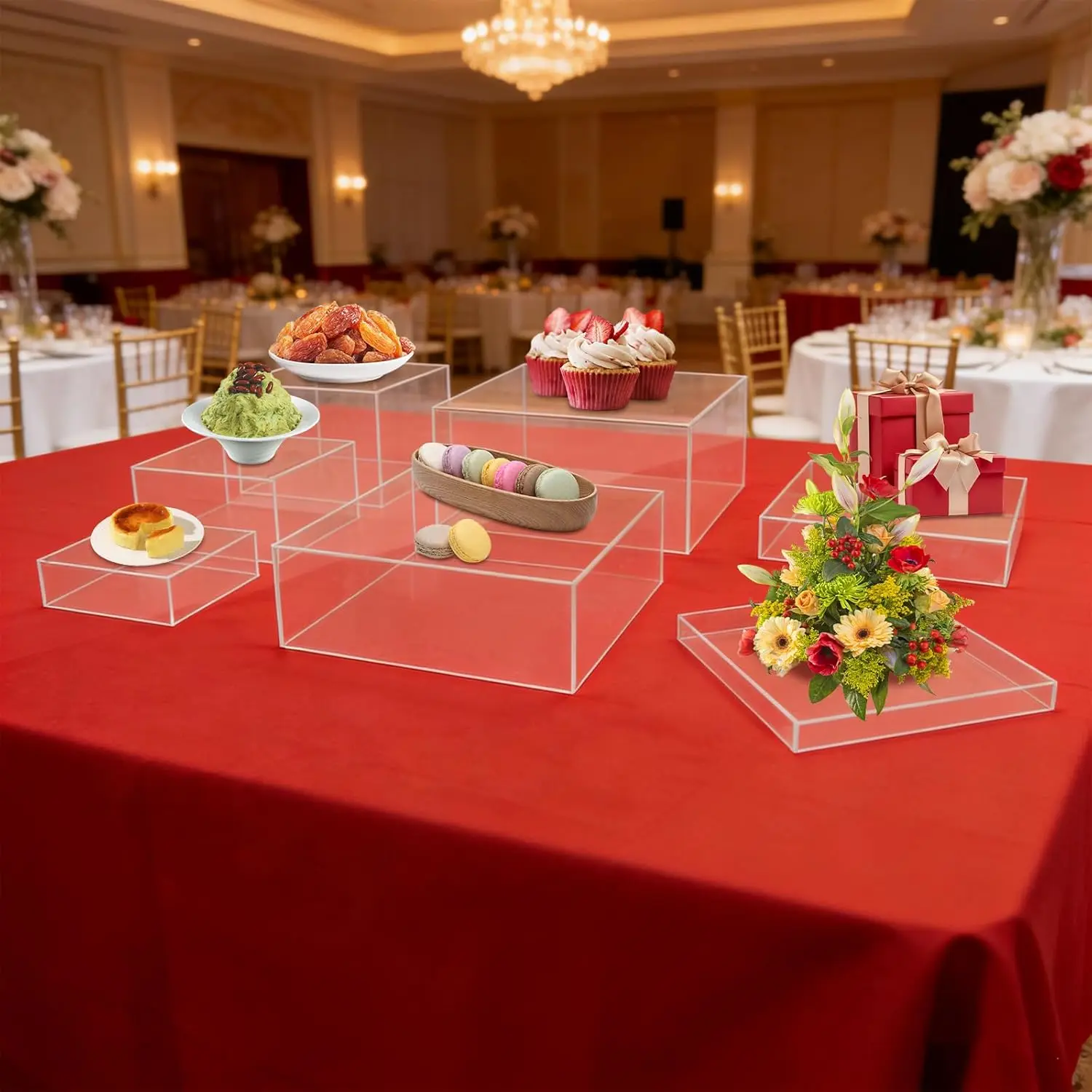 

7Pcs Acrylic Buffet Risers Thick Panel Acrylic Display Boxes, Clear Buffet Risers Food Display Stands, for Dessert Table Party