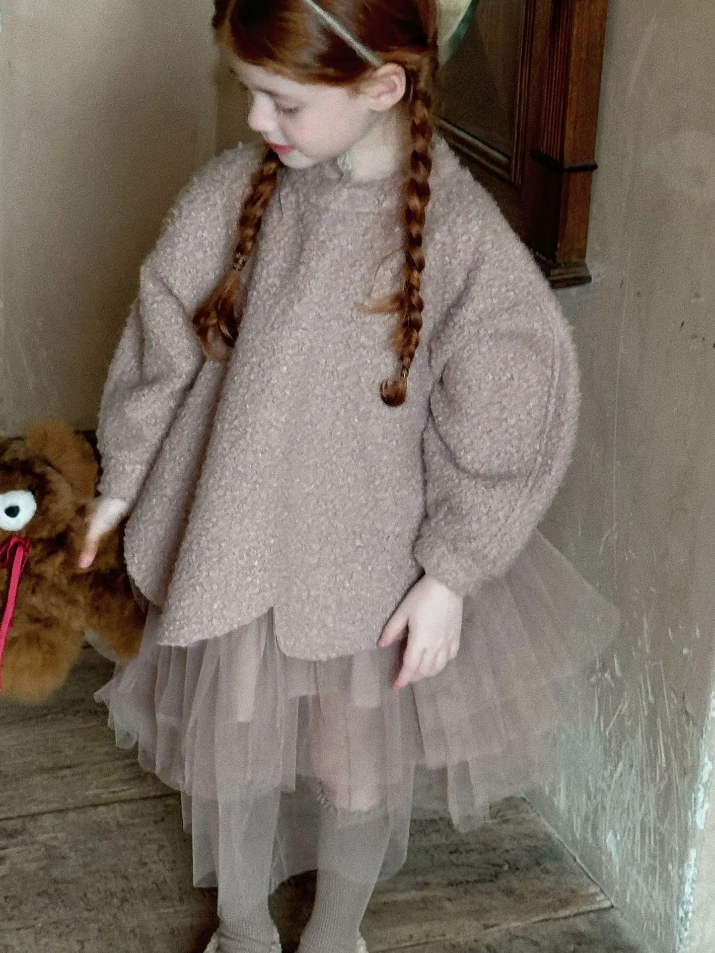 Girls Dress 2024 Winter New Children\'s Korean Sheep Curly Wool Gauze Woolen Splicing Dress