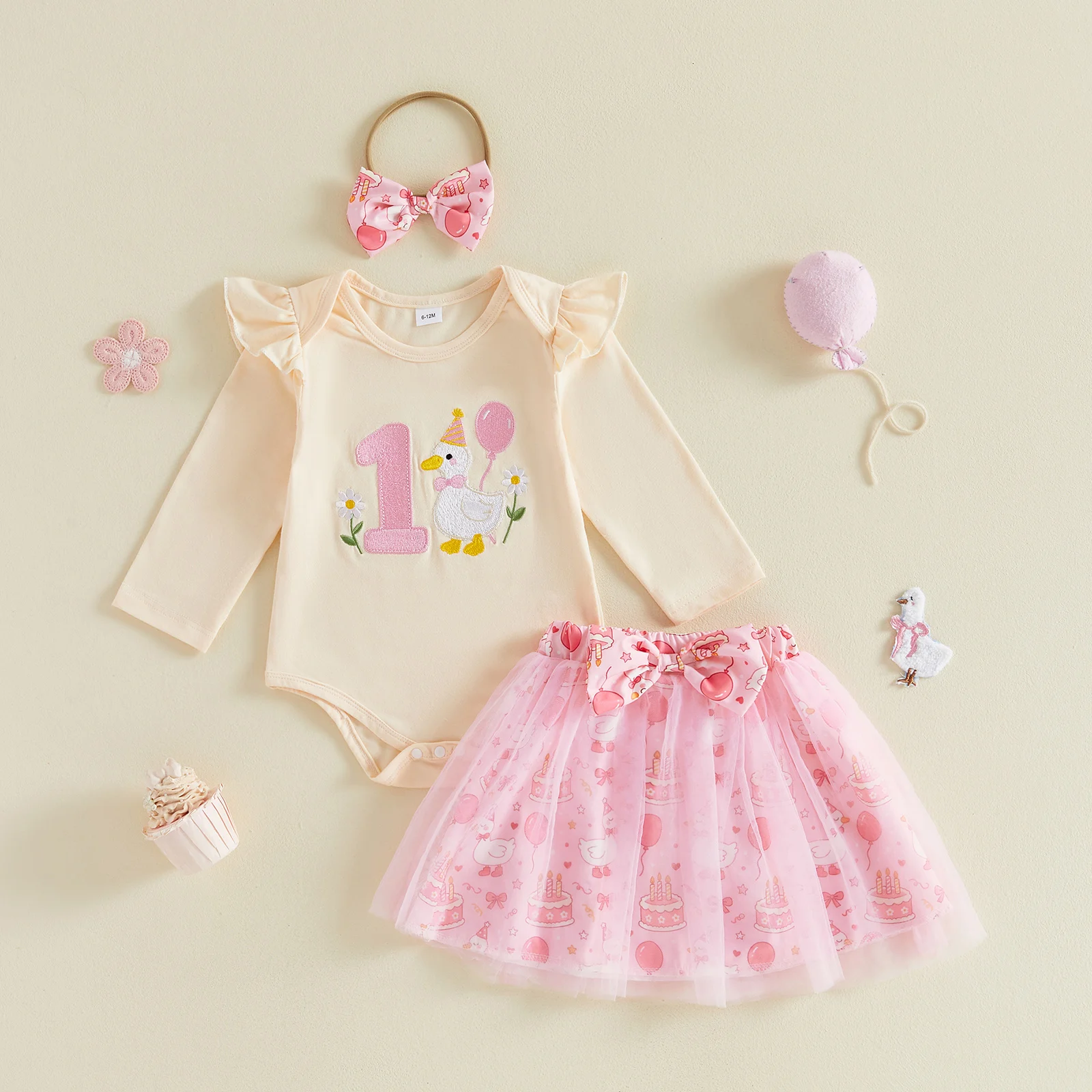 Baby Girl 1st Birthday Outfit Long Sleeve Letter Embroidery Romper Tulle Mesh Skirt Headband Sweet Baby's Sets